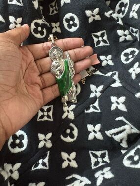 Silver Saint Pendant Necklace with Green Enamel